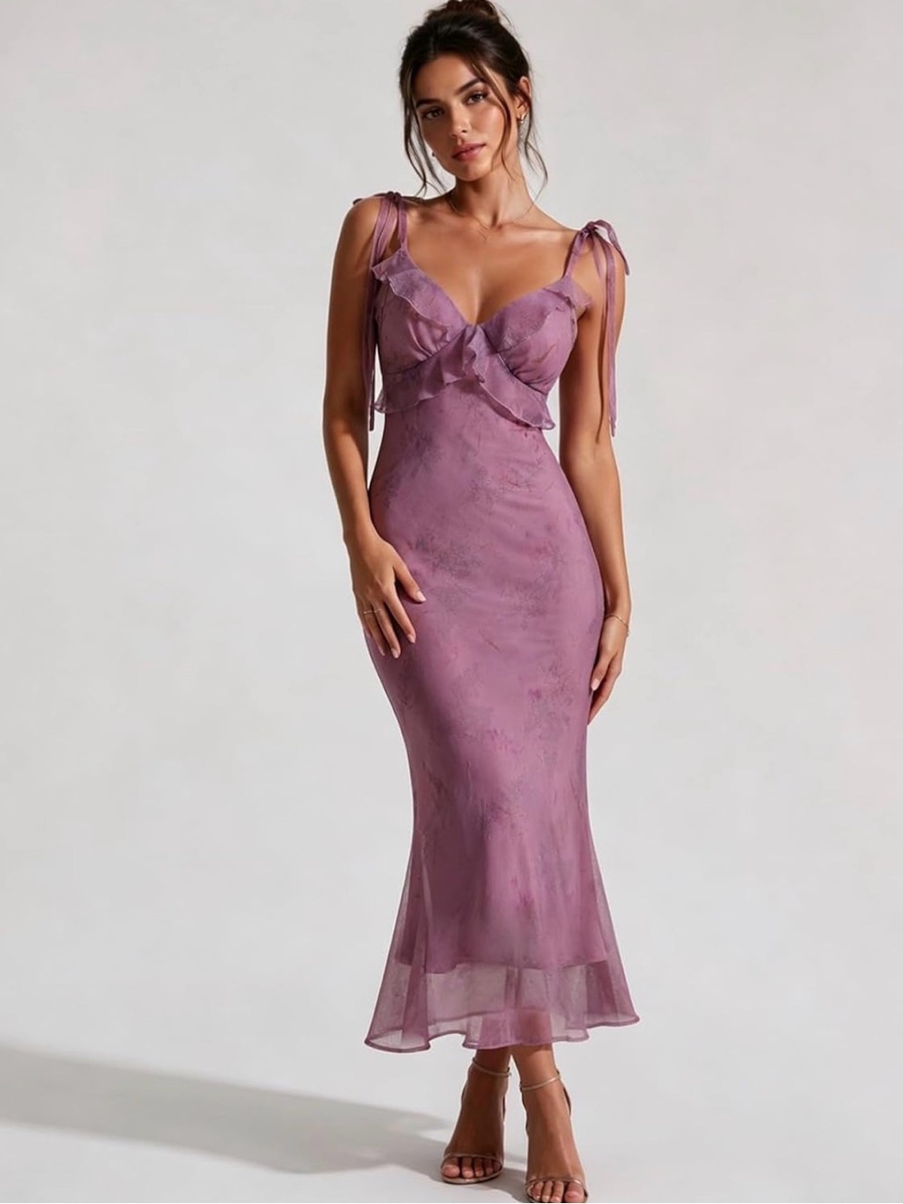 RIHOAS Purple Floral Ruffle Tie Strap Midi Dress Size S